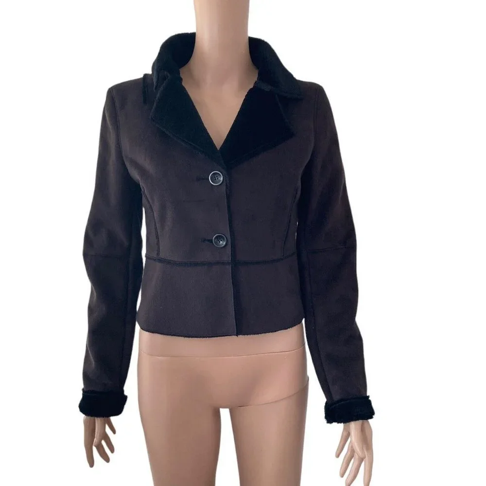Bebe Jacket Womens XS Faux Suede Black button Front Faux Fur Lined